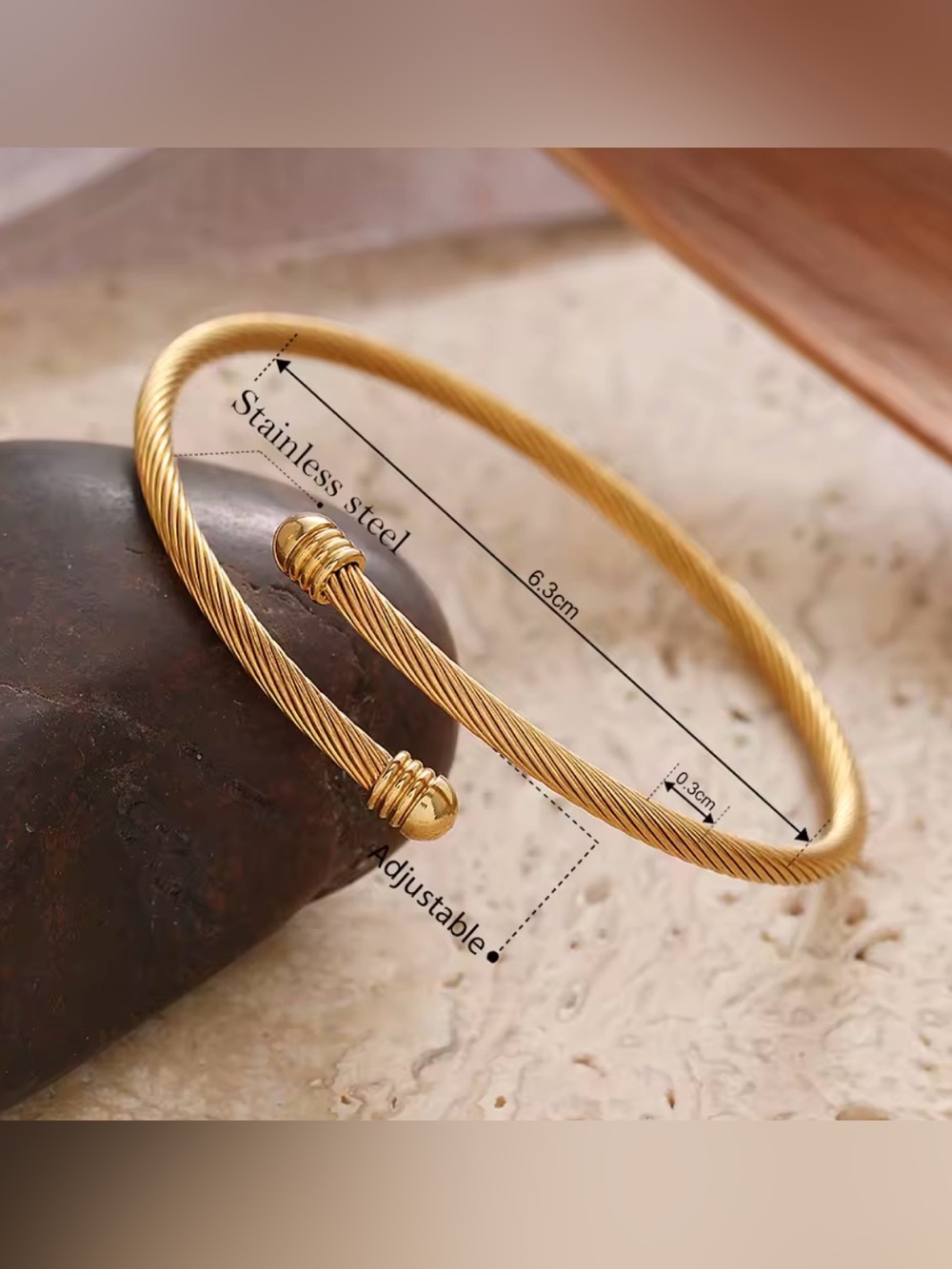 Gold Stainless Steel Adjustable Cable Cuff Bracelet